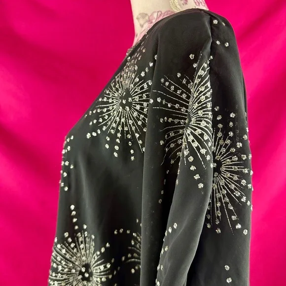 Vintage Silver Glitter Fireworks Black Sheer Short Sleeve Party Top Glances - Picture 13 of 17
